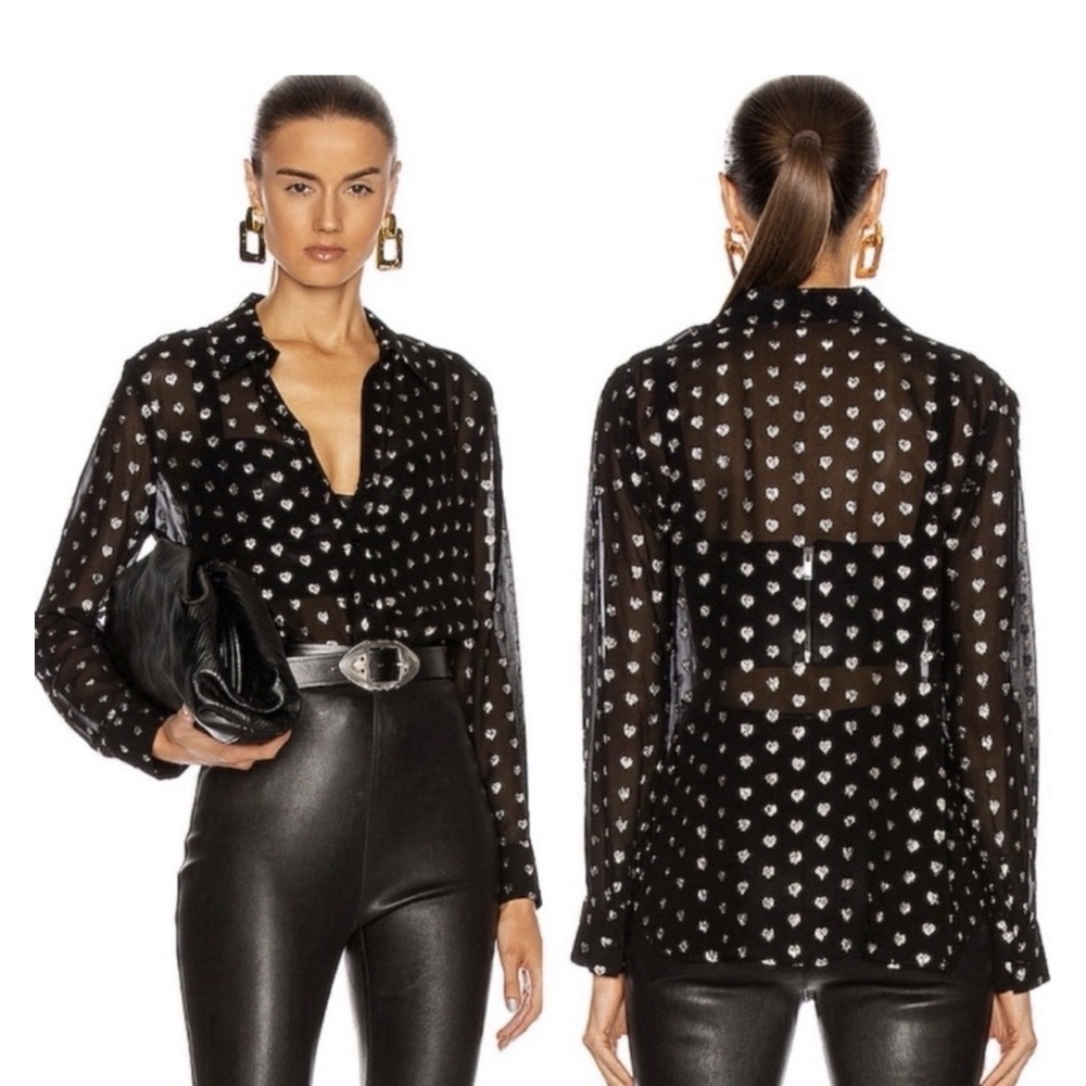 L'AGENCE Hailie Metallic Heart Blouse Sz S Black / Silver EUC